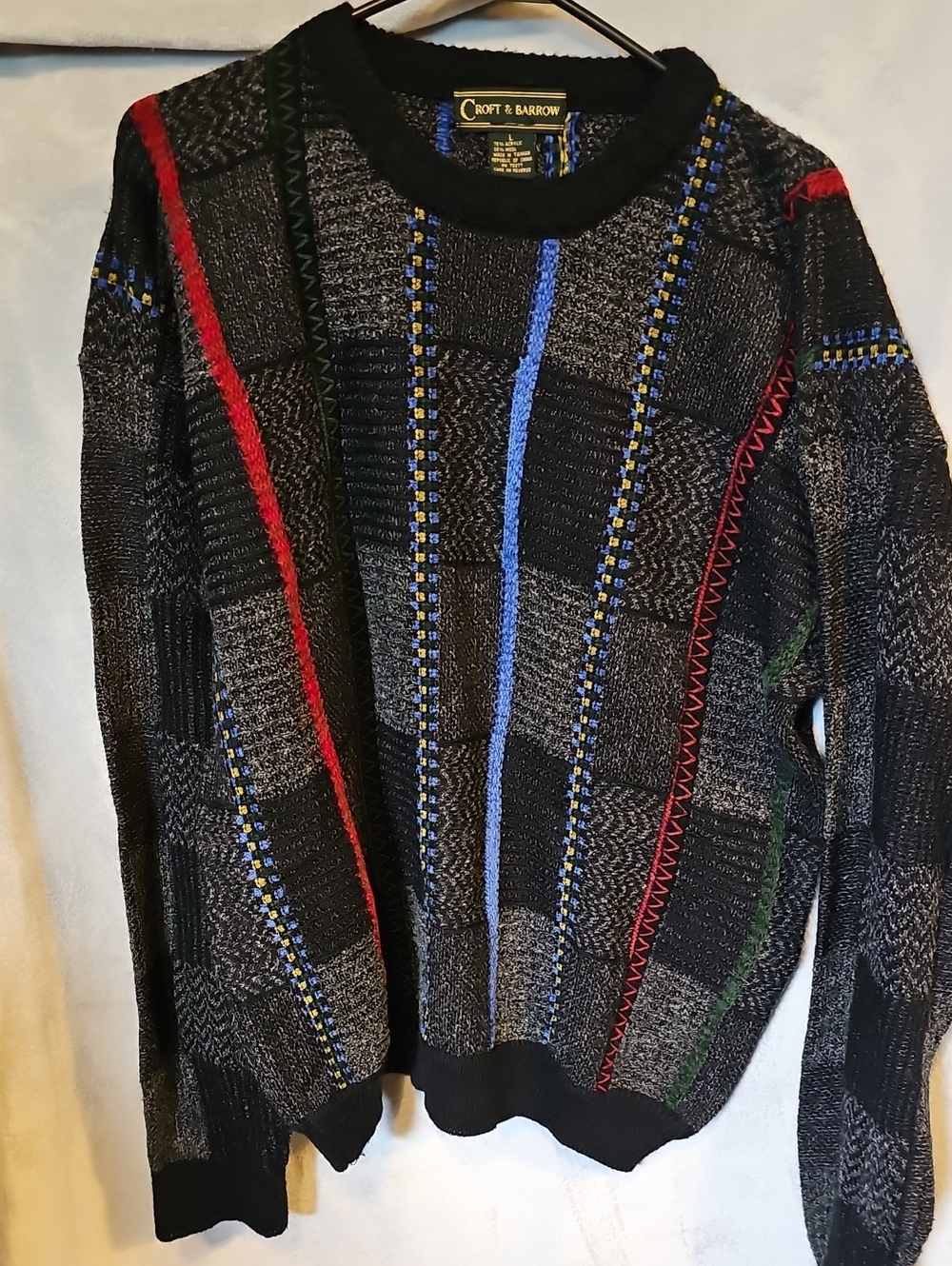 Vintage croft & barrow Black Crewneck Sweater with Red, Blue & Green Stripes